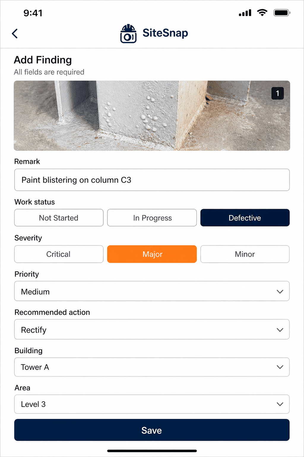 Add a defect finding with photo, severity, and location