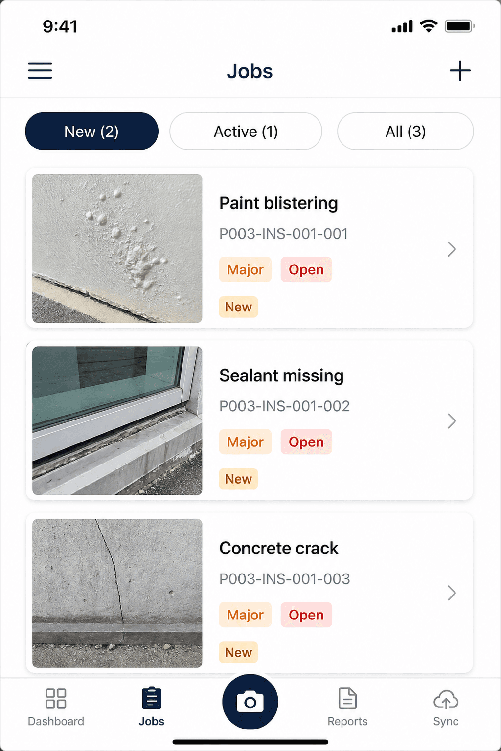 Jobs list of defects with photos and status