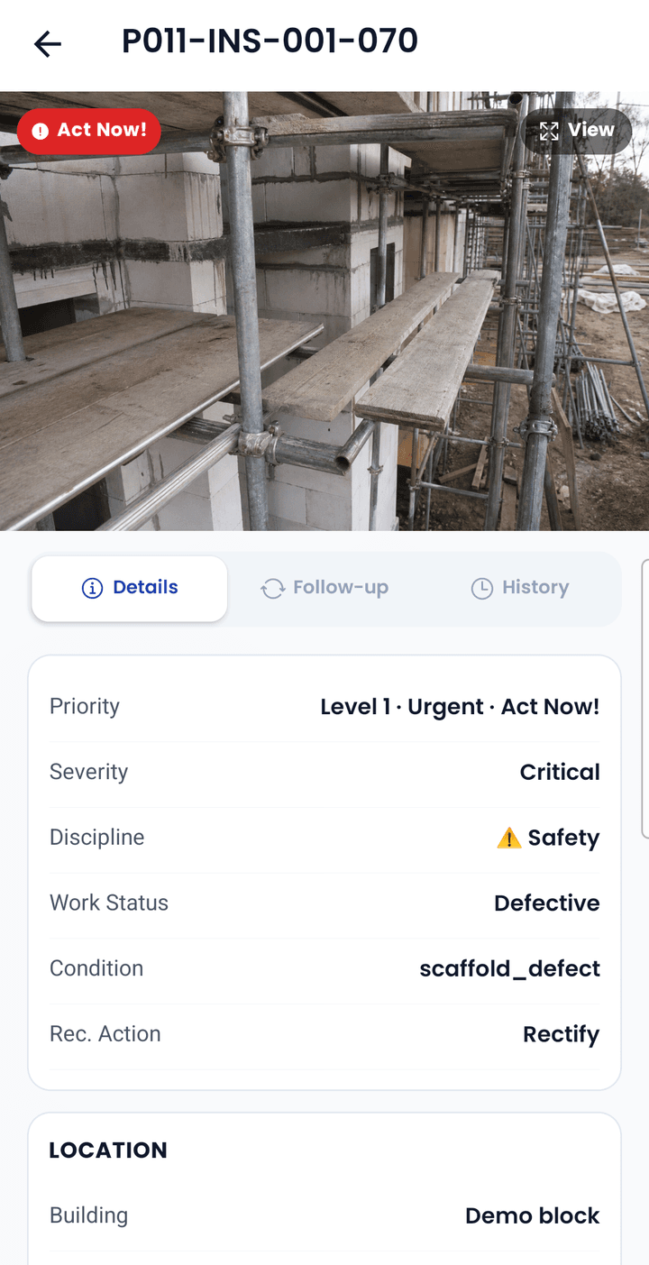 SiteSnap mobile: critical scaffold defect with photo, priority Level 1 Act Now