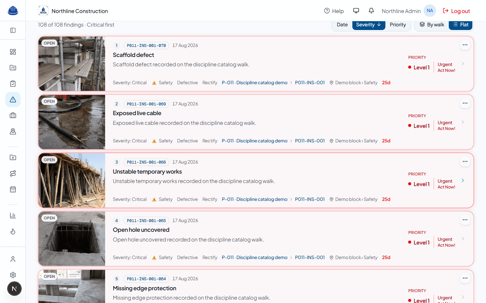 SiteSnap web dashboard: findings register sorted critical first, with owner, priority, and age on every open item
