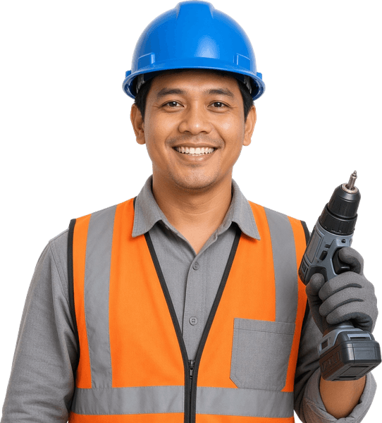 Electrician in a blue hard hat and orange vest holding a cordless drill